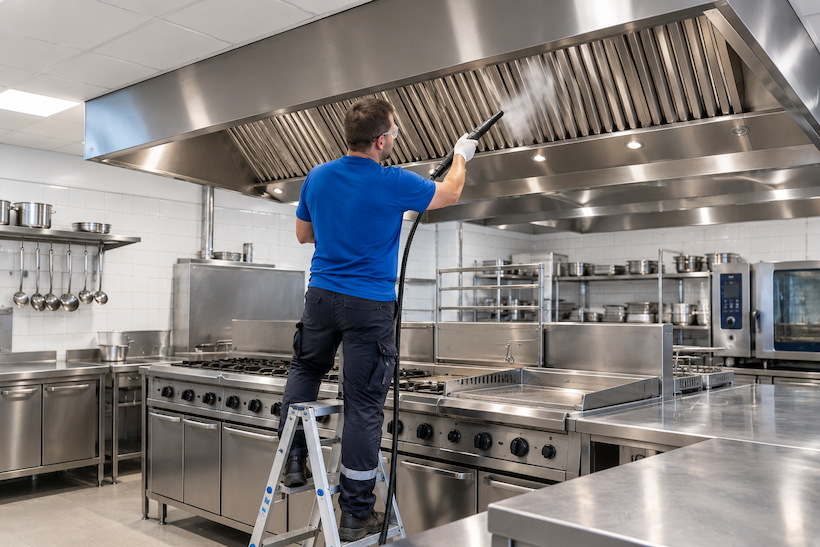 Reiniging dampkap in keuken van restaurant